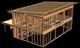Modelo CAD tridimensional de la estructura de madera de una casa