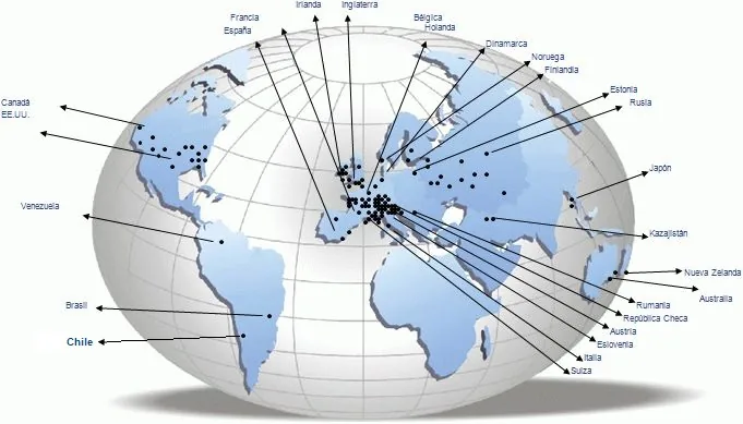 Mapa del mundo con las ubicaciones de las máquinas Weinmann instaladas